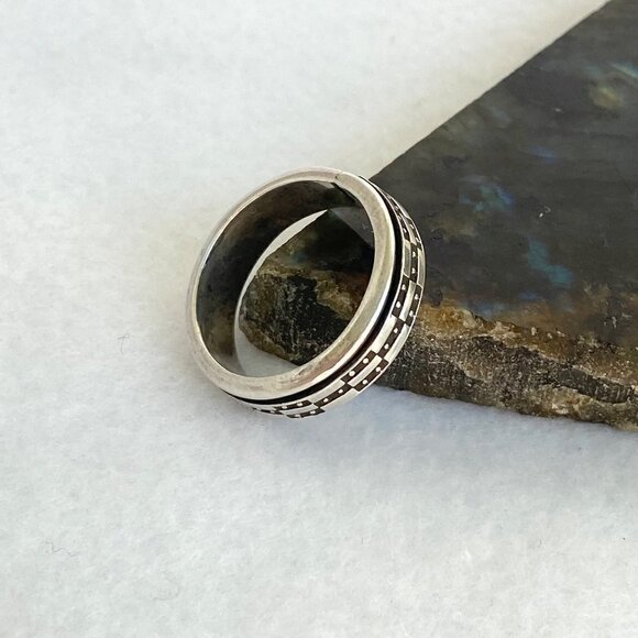 Solid Sterling Silver 925 Wide Geometric Pattern Unisex Spinner Band Ring Sz 12 - Picture 11 of 16